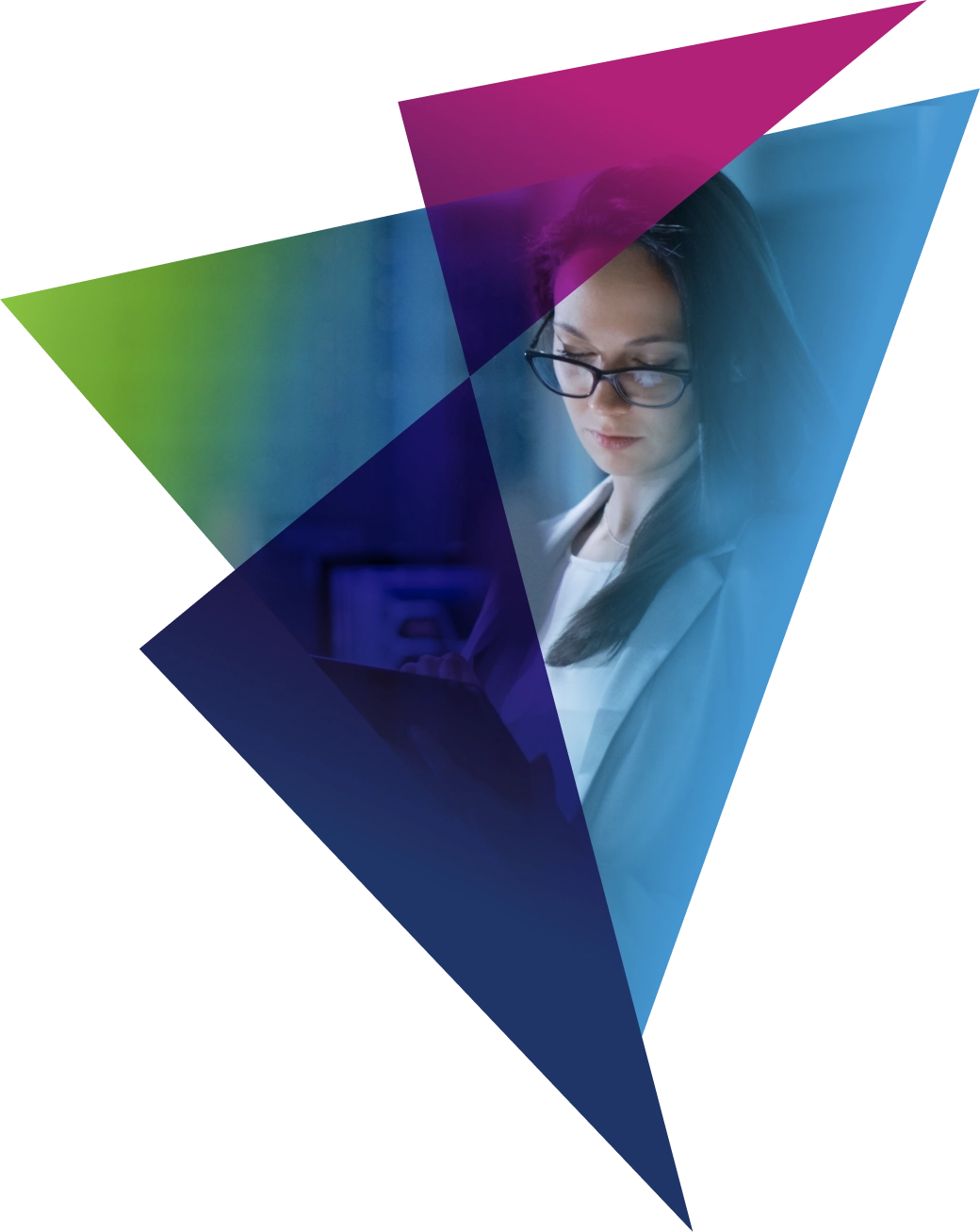 Abstract design featuring a professional woman reading, surrounded by vibrant geometric shapes.