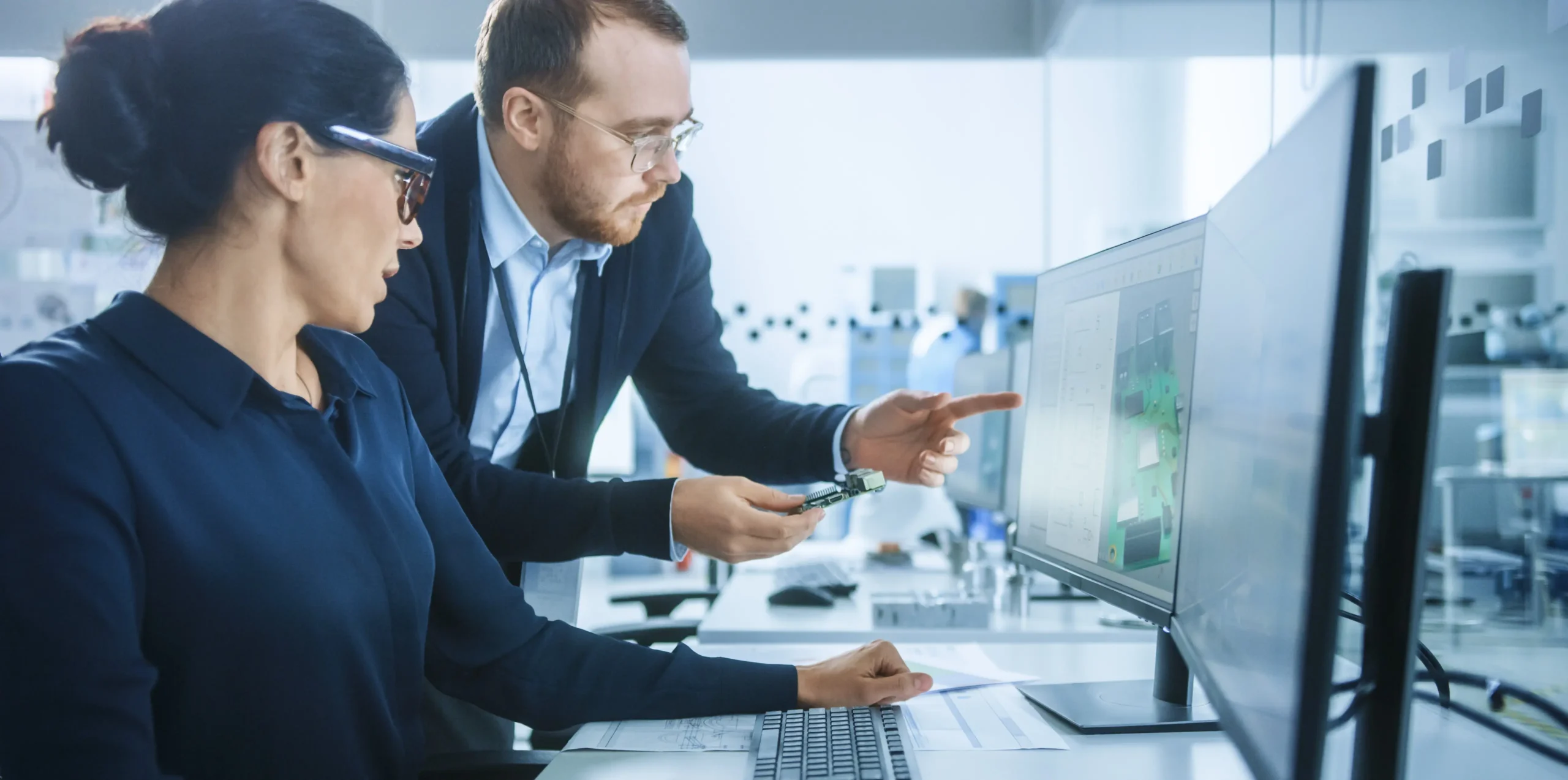 Engineers collaborating on electronic design project, pointing at computer screen with circuit board layout.