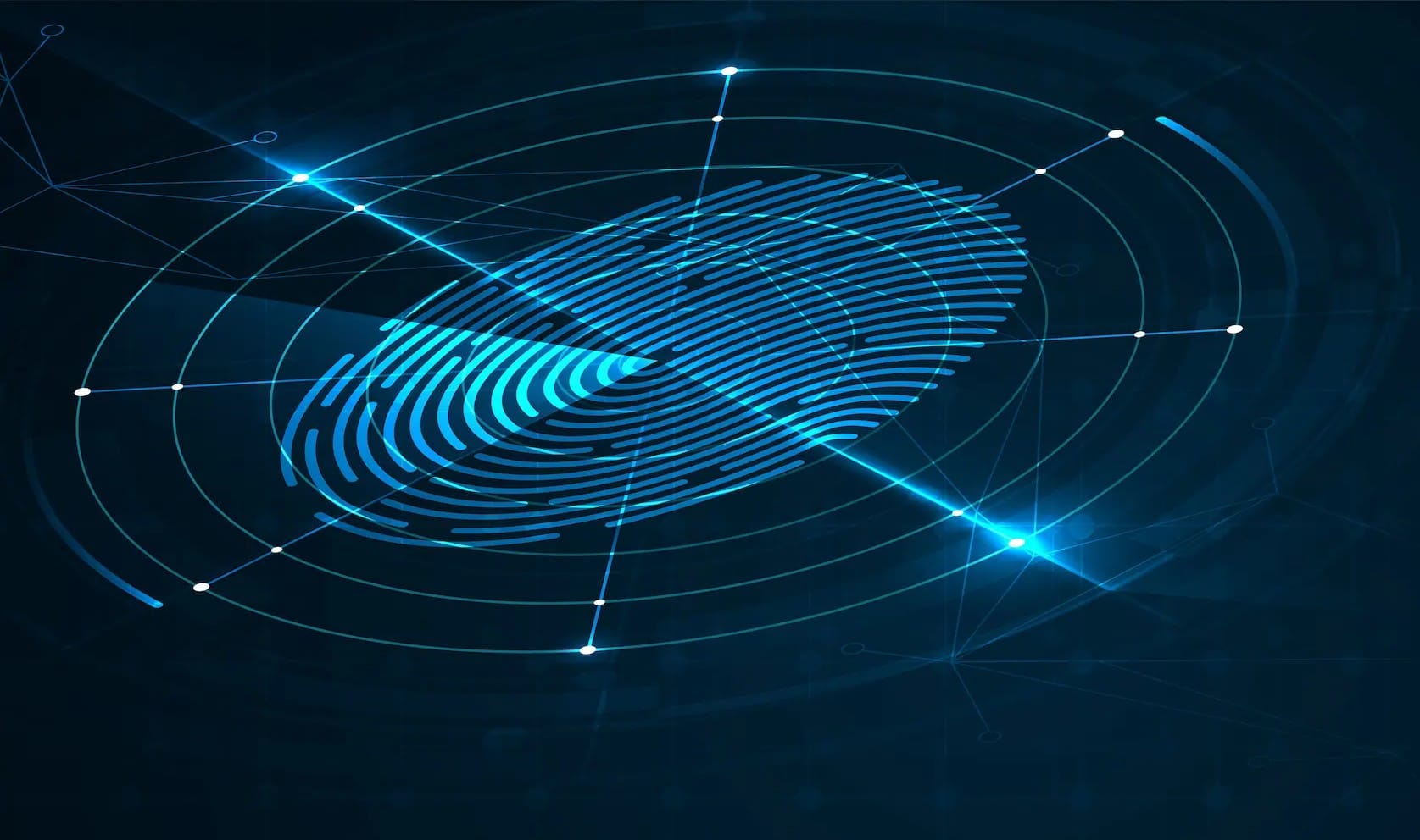 Digital fingerprint on dark blue background representing cybersecurity and biometrics technology.